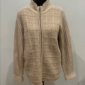 Beige Textured Zip-Up cardigan Sweater lambswool
